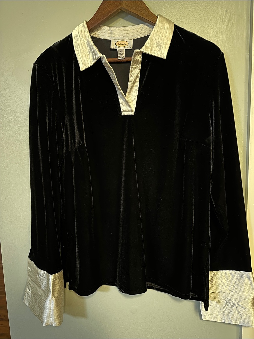 Vintage Talbots Black Velvet Top with Ivory Satin Trim medium